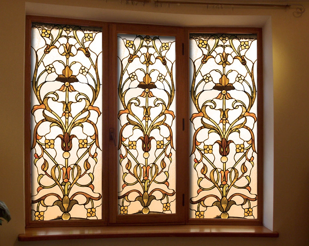 Stained glass does not need to repeat the colors or lines of the interior details, it can be done with sufficient contrast and then the room will be completely revamped in the light of the sun filtering through the colored parts of stained glass.