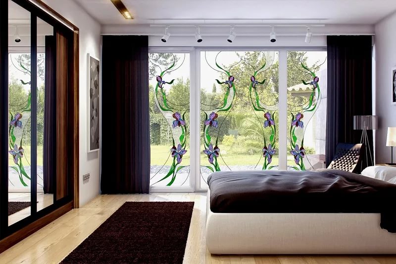 Your plastic windows and doors can become even more attractive through the use of stained glass. If your bedroom has a door to the balcony, the stained glass will be an ideal decoration while still providing excellent sun protection.