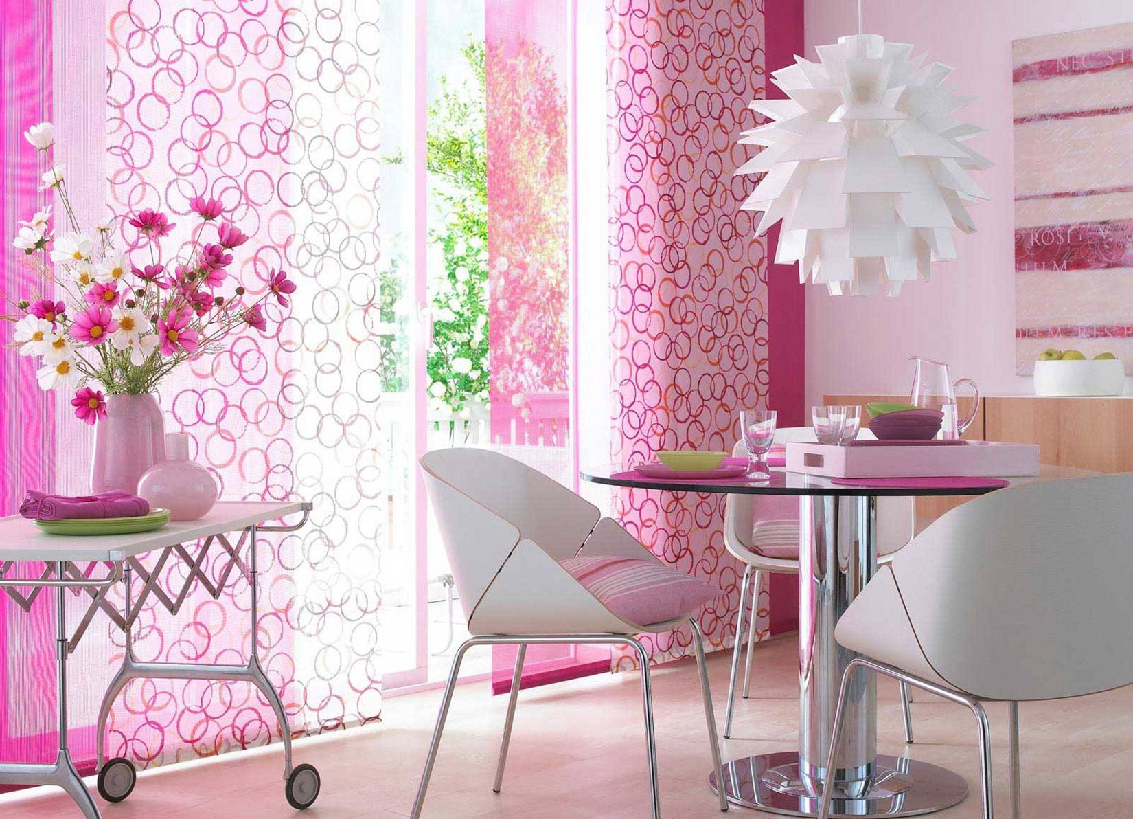   A good option for any room will be not only plain pink curtains but the ones with geometric or floral ornament. For example, pale pink flowers or circles on a white background will look great even in the living room.