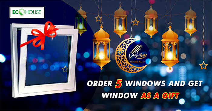 For every 5 windows of the order, get one window as a gift. Window of turn type, with removable mosquito net, single mat glass. Get one as a gift, maximum size 1 by 1m.   Additional options: double-glazed windows, georgian bars in double-glazed windows, mosquito net and others can be ordered additionally.